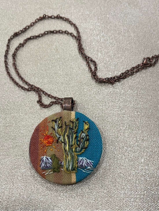 Hand Crafted Jewelry - Hand-Embroidered Desert Cactus Pendant Necklace - Multicolor